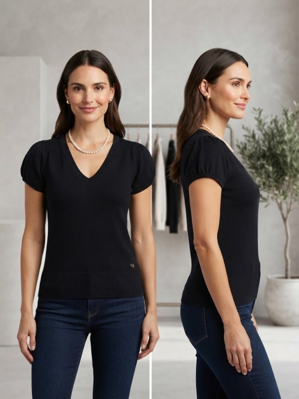Plains & Print Black Knitted Women's Short Sleeves Top V-Neck Size L  Fits M